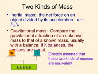 Two Kinds of Mass
• Inertial mass: the net force on an
  object divided by its acceleration. m =
  Fnet / a
• Gravitational mass: Compare the
  gravitational attraction of an unknown
  mass to that of a known mass, usually
  with a balance. If it balances, the
  masses are equal.
 m             ?      Einstein asserted that
                      these two kinds of masses
                      are equivalent.
     Balance
 
