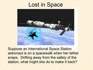 Lost in Space




Suppose an International Space Station
astronaut is on a spacewalk when her tether
snaps. Drifting away from the safety of the
station, what might she do to make it back?
 
