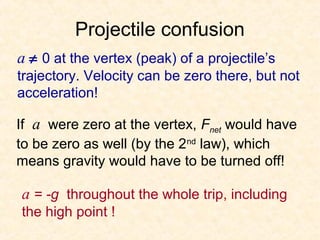 Projectile confusion
a ≠ 0 at the vertex (peak) of a projectile’s
trajectory. Velocity can be zero there, but not
acceleration!

If a were zero at the vertex, Fnet would have
to be zero as well (by the 2nd law), which
means gravity would have to be turned off!

a = -g throughout the whole trip, including
the high point !
 