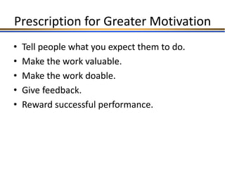 Prescription for Greater Motivation
• Tell people what you expect them to do.
• Make the work valuable.
• Make the work doable.
• Give feedback.
• Reward successful performance.
 