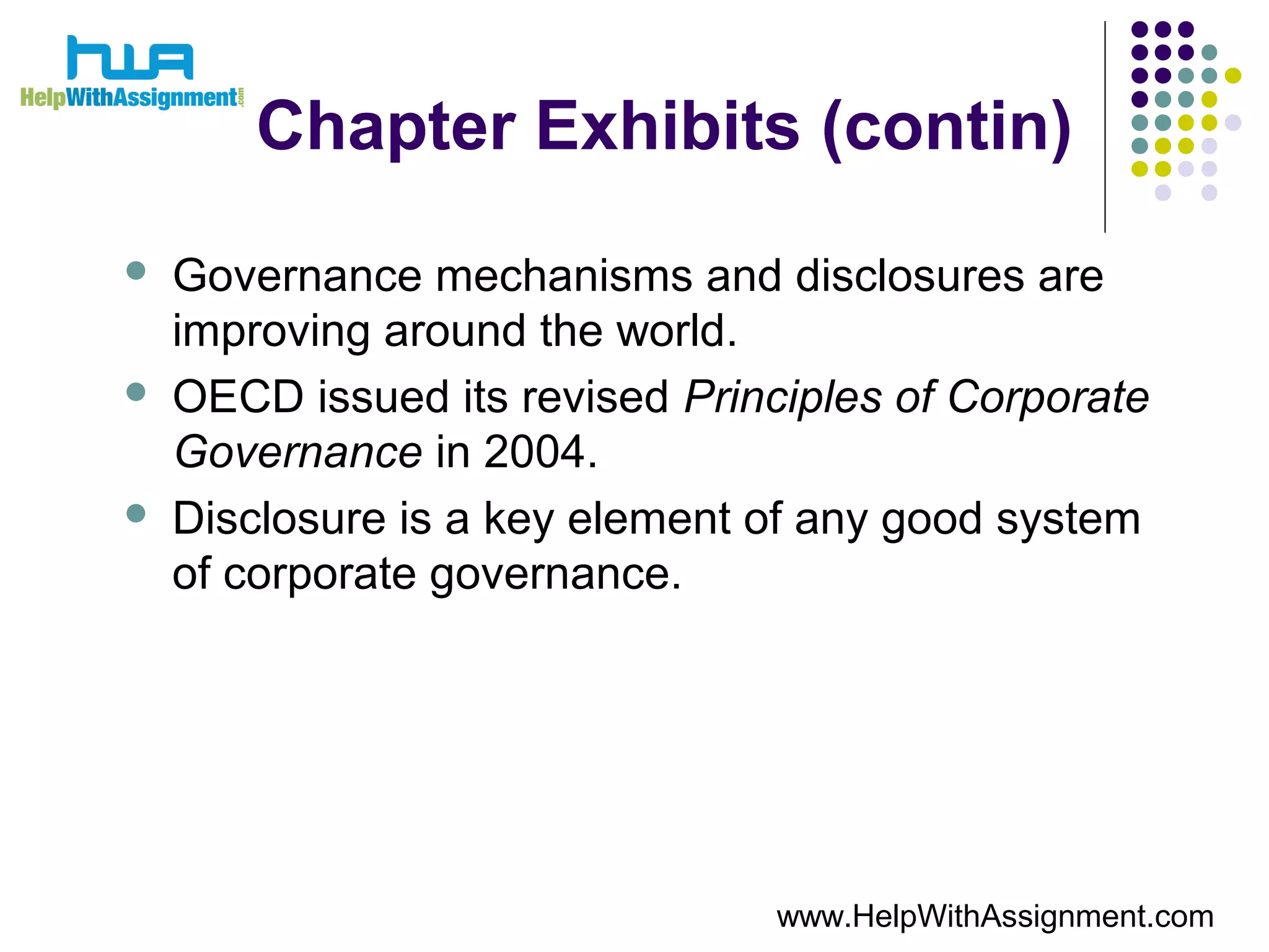 Chapter Exhibits (contin)
 Governance mechanisms and disclosures are
improving around the world.
 OECD issued its revised Principles of Corporate
Governance in 2004.
 Disclosure is a key element of any good system
of corporate governance.
www.HelpWithAssignment.com
 