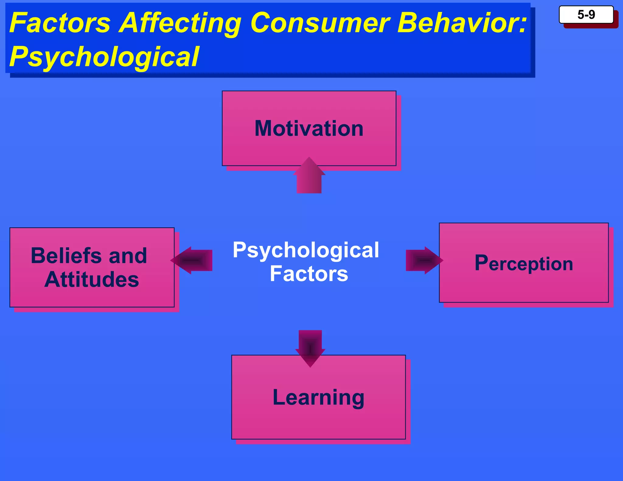 5-95-9
Factors Affecting Consumer Behavior:
Psychological
Factors Affecting Consumer Behavior:
Psychological
Psychological
Factors
MotivationMotivation
PerceptionPerception
LearningLearning
Beliefs and
Attitudes
Beliefs and
Attitudes
 