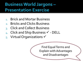 1. Brick and Mortar Business
2. Bricks and Clicks Business
3. Click and Collect Business
4. Click and Ship Business  - DELL
5. Virtual Organizations 
Find EqualTerms and
Explain with Advantages
and Disadvantages
 
