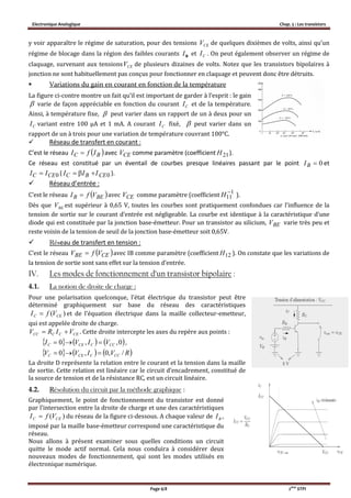 Electronique Analogique Chap. 5 : Les transistors
Page 6/8 2ème
STPI
y voir apparaître le régime de saturation, pour des tensions CEV de quelques dixièmes de volts, ainsi qu’un
régime de blocage dans la région des faibles courants BI et CI . On peut également observer un régime de
claquage, survenant aux tensions CEV de plusieurs dizaines de volts. Notez que les transistors bipolaires à
jonction ne sont habituellement pas conçus pour fonctionner en claquage et peuvent donc être détruits.
 Variations du gain en courant en fonction de la température
La figure ci-contre montre un fait qu’il est important de garder à l’esprit : le gain
 varie de façon appréciable en fonction du courant CI et de la température.
Ainsi, à température fixe, peut varier dans un rapport de un à deux pour un
variant entre 100 μA et 1 mA. A courant CI fixé,  peut varier dans un
rapport de un à trois pour une variation de température couvrant 100°C.
 Réseau de transfert en courant :
C’est le réseau  BC IfI  avec CEV comme paramètre (coefficient 21H ).
Ce réseau est constitué par un éventail de courbes presque linéaires passant par le point 0BI et
0CEC II  ( 0CEBC III  ).
 Réseau d’entrée :
C’est le réseau  BEB VfI  avec CEV comme paramètre (coefficient 1
11

H ).
Dès que BEV est supérieur à 0,65 V, toutes les courbes sont pratiquement confondues car l’influence de la
tension de sortie sur le courant d’entrée est négligeable. La courbe est identique à la caractéristique d’une
diode qui est constituée par la jonction base-émetteur. Pour un transistor au silicium, BEV varie très peu et
reste voisin de la tension de seuil de la jonction base-émetteur soit 0,65V.
 Réseau de transfert en tension :
C’est le réseau  CEBE VfV  avec IB comme paramètre (coefficient 12H ). On constate que les variations de
la tension de sortie sont sans effet sur la tension d’entrée.
IV. Les modes de fonctionnement d’un transistor bipolaire :
4.1. La notion de droite de charge :
Pour une polarisation quelconque, l’état électrique du transistor peut être
déterminé graphiquement sur base du réseau des caractéristiques
et de l’équation électrique dans la maille collecteur-emetteur,
qui est appelée droite de charge.
CECCCC VIRV  . Cette droite intercepte les axes du repère aux points :
     0,,0 CCCCEC VIVI  ,
     RVIVV CCCCEC /,0,0 
La droite D représente la relation entre le courant et la tension dans la maille
de sortie. Cette relation est linéaire car le circuit d’encadrement, constitué de
la source de tension et de la résistance RC, est un circuit linéaire.
4.2. Résolution du circuit par la méthode graphique :
Graphiquement, le point de fonctionnement du transistor est donné
par l’intersection entre la droite de charge et une des caractéristiques
)( CEC VfI  du réseau de la figure ci-dessous. A chaque valeur de BI ,
imposé par la maille base-émetteur correspond une caractéristique du
réseau.
Nous allons à présent examiner sous quelles conditions un circuit
quitte le mode actif normal. Cela nous conduira à considérer deux
nouveaux modes de fonctionnement, qui sont les modes utilisés en
électronique numérique.

CI
)( CEC VfI 
 