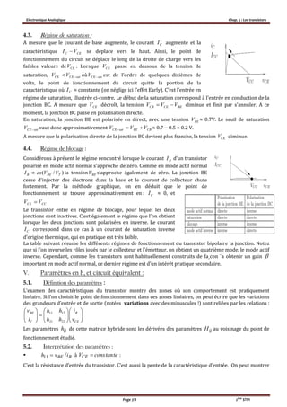 Electronique Analogique Chap. 5 : Les transistors
Page 7/8 2ème
STPI
4.3. Régime de saturation :
A mesure que le courant de base augmente, le courant CI augmente et la
caractéristique CEC VI  se déplace vers le haut. Ainsi, le point de
fonctionnement du circuit se déplace le long de la droite de charge vers les
faibles valeurs de CEV . Lorsque CEV passe en dessous de la tension de
saturation, satCECE VV  où satCEV  est de l’ordre de quelques dixièmes de
volts, le point de fonctionnement du circuit quitte la portion de la
caractéristique où CI ≈ constante (on néglige ici l’effet Early). C’est l’entrée en
régime de saturation, illustrée ci-contre. Le début de la saturation correspond à l’entrée en conduction de la
jonction BC. A mesure que CEV décroît, la tension BECECB VVV  diminue et finit par s’annuler. A ce
moment, la jonction BC passe en polarisation directe.
En saturation, la jonction BE est polarisée en direct, avec une tension BEV ≈ 0.7V. Le seuil de saturation
satCEV  vaut donc approximativement CBBEsatCE VVV  ≈ 0.7 − 0.5 = 0.2 V.
A mesure que la polarisation directe de la jonction BC devient plus franche, la tension CEV diminue.
4.4. Régime de blocage :
Considérons à présent le régime rencontré lorsque le courant BI d’un transistor
polarisé en mode actif normal s’approche de zéro. Comme en mode actif normal
)/( TBEB VVexI  la tension BEV s’approche également de zéro. La jonction BE
cesse d’injecter des électrons dans la base et le courant de collecteur chute
fortement. Par la méthode graphique, on en déduit que le point de
fonctionnement se trouve approximativement en : CI ≈ 0, et
CCCE VV 
Le transistor entre en régime de blocage, pour lequel les deux
jonctions sont inactives. C’est également le régime que l’on obtient
lorsque les deux jonctions sont polarisées en inverse. Le courant
CI correspond dans ce cas à un courant de saturation inverse
d’origine thermique, qui en pratique est très faible.
La table suivant résume les différents régimes de fonctionnement du transistor bipolaire `a jonction. Notez
que si l’on inverse les rôles joués par le collecteur et l’émetteur, on obtient un quatrième mode, le mode actif
inverse. Cependant, comme les transistors sont habituellement construits de fa¸con `a obtenir un gain 
important en mode actif normal, ce dernier régime est d’un intérêt pratique secondaire.
V. Paramètres en h, et circuit équivalent :
5.1. Définition des paramètres :
L’examen des caractéristiques du transistor montre des zones où son comportement est pratiquement
linéaire. Si l’on choisit le point de fonctionnement dans ces zones linéaires, on peut écrire que les variations
des grandeurs d’entrée et de sortie (notées variations avec des minuscules !) sont reliées par les relations :


















CE
B
C
BE
v
i
hh
hh
i
v
2221
1211
Les paramètres ijh de cette matrice hybride sont les dérivées des paramètres ijH au voisinage du point de
fonctionnement étudié.
5.2. Interprétation des paramètres :
 BBE ivh 11 à tetanconsVCE  :
C’est la résistance d’entrée du transistor. C’est aussi la pente de la caractéristique d’entrée. On peut montrer
 