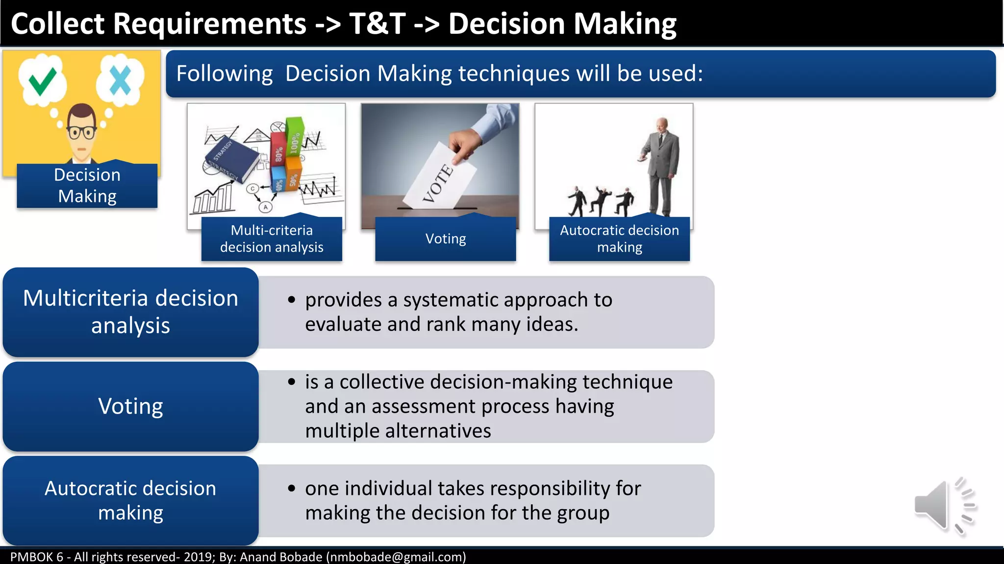 PMBOK 6 - All rights reserved- 2019; By: Anand Bobade (nmbobade@gmail.com)
Decision
Making
Following Decision Making techniques will be used:
Collect Requirements -> T&T -> Decision Making
• provides a systematic approach to
evaluate and rank many ideas.
Multicriteria decision
analysis
• is a collective decision-making technique
and an assessment process having
multiple alternatives
Voting
• one individual takes responsibility for
making the decision for the group
Autocratic decision
making
Multi-criteria
decision analysis
Voting
Autocratic decision
making
 