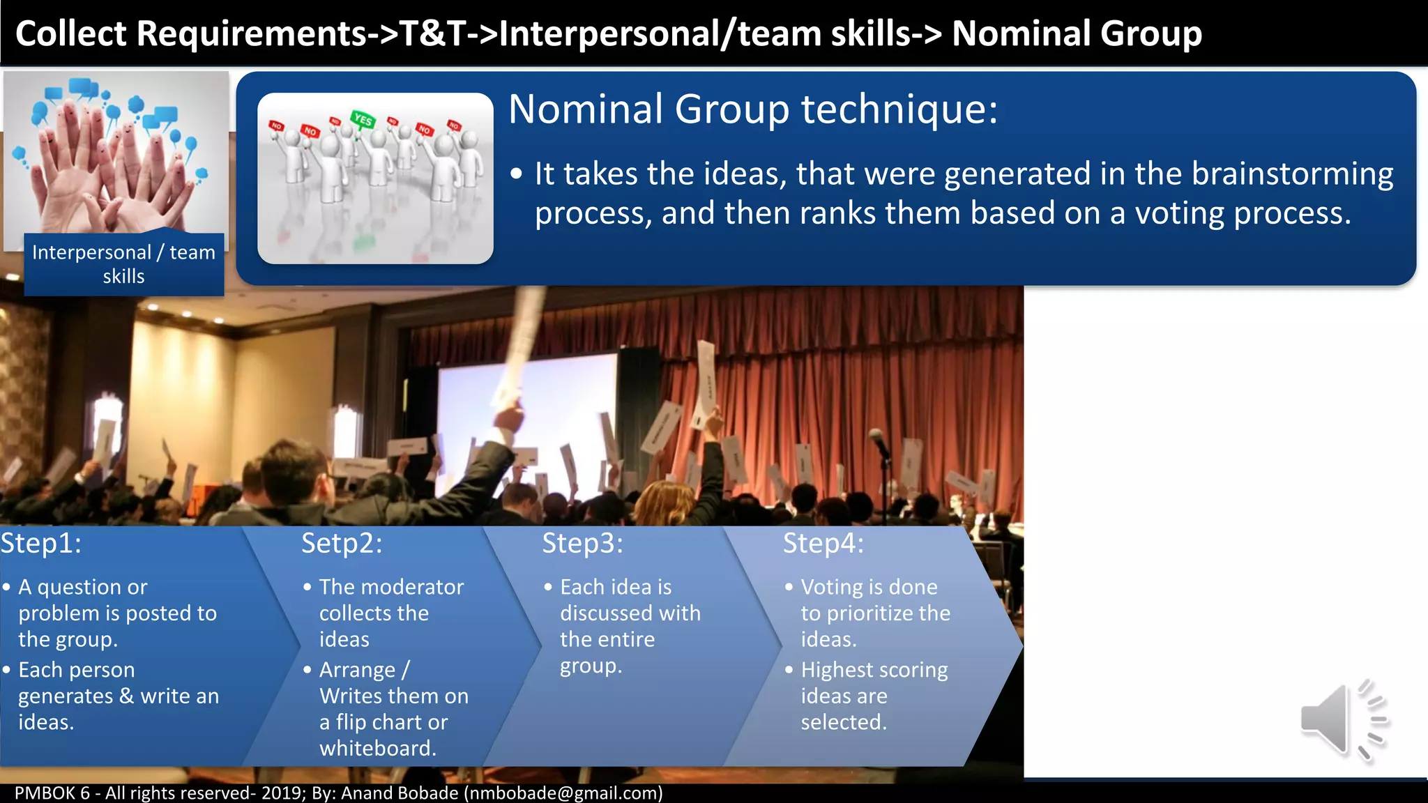 PMBOK 6 - All rights reserved- 2019; By: Anand Bobade (nmbobade@gmail.com)
Collect Requirements->T&T->Interpersonal/team skills-> Nominal Group
Nominal Group technique:
• It takes the ideas, that were generated in the brainstorming
process, and then ranks them based on a voting process.
Interpersonal / team
skills
Step1:
• A question or
problem is posted to
the group.
• Each person
generates & write an
ideas.
Setp2:
• The moderator
collects the
ideas
• Arrange /
Writes them on
a flip chart or
whiteboard.
Step3:
• Each idea is
discussed with
the entire
group.
Step4:
• Voting is done
to prioritize the
ideas.
• Highest scoring
ideas are
selected.
 