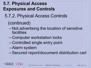 5.7.2. Physical Access Controls (continued) Not advertising the location of sensitive facilities Computer workstation locks Controlled single entry point Alarm system Secured report/document distribution cart 5.7. Physical Access Exposures and Controls 
