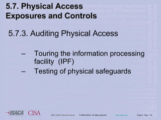 5.7.3. Auditing Physical Access Touring the information processing facility  (IPF) Testing of physical safeguards 5.7. Physical Access Exposures and Controls  