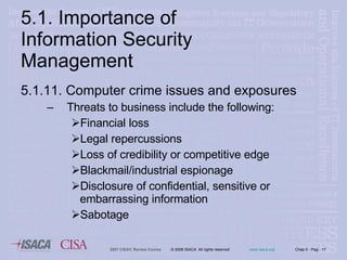 5.1.11. Computer crime issues and exposures Threats to business include the following: Financial loss Legal repercussions Loss of credibility or competitive edge Blackmail/industrial espionage   Disclosure of confidential, sensitive or embarrassing information Sabotage   5.1. Importance of Information Security Management 