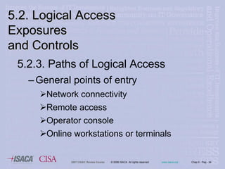 5.2.3. Paths of Logical Access General points of entry Network connectivity Remote access Operator console Online workstations or terminals 5.2. Logical Access Exposures  and Controls 