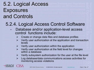 5.2.4. Logical Access Control Software  -  Database and/or application-level access control  functions include:  Create or change data files and database profiles  Verify user authorization at the application and transaction levels Verify user authorization within the application Verify user authorization at the field level for changes within a database Verify subsystem authorization for the user at the file level Log database/data communications access activities for monitoring access violations 5.2. Logical Access Exposures  and Controls 