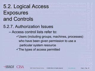5.2.7. Authorization Issues Access control lists refer to: Users (including groups, machines, processes)  who have been given permission to use a  particular system resource The types of access permitted  5.2. Logical Access Exposures  and Controls 