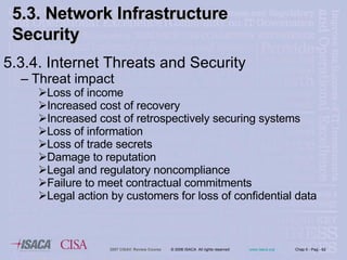 5.3.4. Internet Threats and Security Threat impact Loss of income Increased cost of recovery Increased cost of retrospectively securing systems Loss of information  Loss of trade secrets Damage to reputation Legal and regulatory noncompliance Failure to meet contractual commitments Legal action by customers for loss of confidential data  5.3. Network Infrastructure  Security 