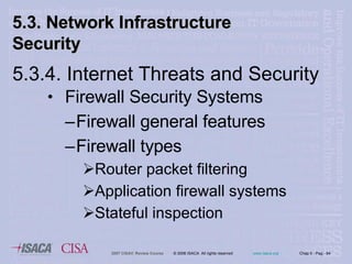 Firewall Security Systems Firewall general features Firewall types Router packet filtering Application firewall systems Stateful inspection 5.3. Network Infrastructure  Security 5.3.4. Internet Threats and Security 