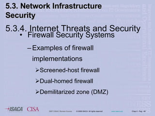 Firewall Security Systems Examples of firewall implementations Screened-host firewall Dual-homed firewall Demilitarized zone (DMZ) 5.3. Network Infrastructure  Security 5.3.4. Internet Threats and Security 