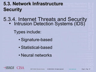 Intrusion Detection Systems (IDS) Types include: Signature-based Statistical-based Neural networks 5.3. Network Infrastructure  Security 5.3.4. Internet Threats and Security 