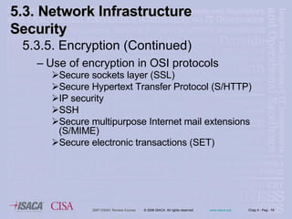 5.3.5. Encryption (Continued) Use of encryption in OSI protocols Secure sockets layer (SSL) Secure Hypertext Transfer Protocol (S/HTTP) IP security SSH Secure multipurpose Internet mail extensions (S/MIME) Secure electronic transactions (SET) 5.3. Network Infrastructure  Security 