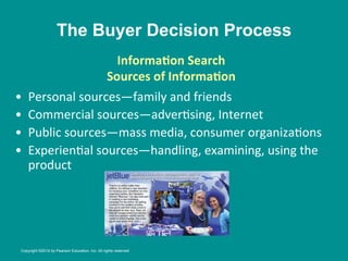 The Buyer Decision Process
•  Personal	
  sources—family	
  and	
  friends	
  
•  Commercial	
  sources—adver8sing,	
  Internet	
  
•  Public	
  sources—mass	
  media,	
  consumer	
  organiza8ons	
  
•  Experien8al	
  sources—handling,	
  examining,	
  using	
  the	
  
product	
  
InformaBon	
  Search
	
  
Sources	
  of	
  InformaBon
	
  
	
  
Copyright ©2014 by Pearson Education, Inc. All rights reserved
 