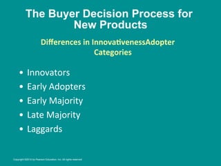 The Buyer Decision Process for
New Products
•  Innovators	
  
•  Early	
  Adopters	
  
•  Early	
  Majority	
  
•  Late	
  Majority	
  
•  Laggards	
  
Diﬀerences	
  in	
  InnovaBvenessAdopter	
  
Categories
	
  
Copyright ©2014 by Pearson Education, Inc. All rights reserved
 