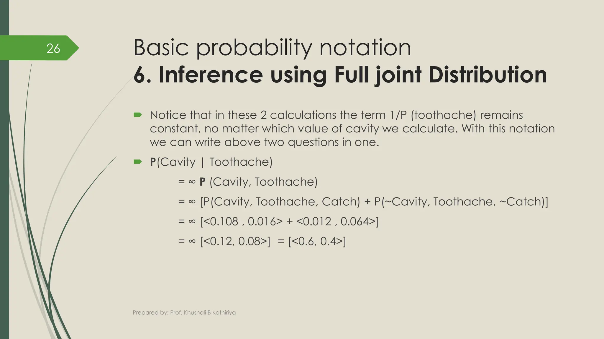 Basic probability notation
6. Inference using Full joint Distribution
 Notice that in these 2 calculations the term 1/P (toothache) remains
constant, no matter which value of cavity we calculate. With this notation
we can write above two questions in one.
 P(Cavity | Toothache)
= ∞ P (Cavity, Toothache)
= ∞ [P(Cavity, Toothache, Catch) + P(~Cavity, Toothache, ~Catch)]
= ∞ [<0.108 , 0.016> + <0.012 , 0.064>]
= ∞ [<0.12, 0.08>] = [<0.6, 0.4>]
Prepared by: Prof. Khushali B Kathiriya
26
 