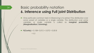 Basic probability notation
6. Inference using Full joint Distribution
 One particular common task in inferencing is to extract the distribution over
some subset of variables or a single variable. This distribution over some
variables or single variable is called as marginal probability
(Marginalization/ Summing).
 P(Cavity) = 0.108+ 0.012 + 0.072 + 0.00 8
= 0.2
Prepared by: Prof. Khushali B Kathiriya
24
 