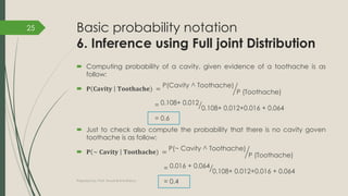 Basic probability notation
6. Inference using Full joint Distribution
 Computing probability of a cavity, given evidence of a toothache is as
follow:
 𝐏 𝐂𝐚𝐯𝐢𝐭𝐲 𝐓𝐨𝐨𝐭𝐡𝐚𝐜𝐡𝐞) = ൘
P(Cavity ^ Toothache)
P (Toothache)
= ൗ
0.108+ 0.012
0.108+ 0.012+0.016 + 0.064
= 0.6
 Just to check also compute the probability that there is no cavity goven
toothache is as follow:
 𝐏 ~ 𝐂𝐚𝐯𝐢𝐭𝐲 𝐓𝐨𝐨𝐭𝐡𝐚𝐜𝐡𝐞) = ൘
P(~ Cavity ^ Toothache)
P (Toothache)
= ൗ
0.016 + 0.064
0.108+ 0.012+0.016 + 0.064
= 0.4
Prepared by: Prof. Khushali B Kathiriya
25
 