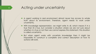 Acting under uncertainty
 A agent working in real environment almost never has access to whole
truth about its environment. Therefore, agent needs to work under
uncertainty.
 With knowledge representation, we might write A→B, which means if A is
true then B is true, but consider a situation where we are not sure about
whether A is true or not then we cannot express this statement, this situation
is called uncertainty.
 But when agent works with uncertain knowledge then it might be
impossible to construct a complete and correct description of how its
actions will work.
Prepared by: Prof. Khushali B Kathiriya
6
 