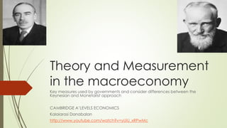 Theory and Measurement in 
the macroeconomy 
Key measures used by governments and consider differences between the Keynesian and 
Monetarist approach 
CAMBRIDGE A’LEVELS ECONOMICS 
Kalaiarasi Danabalan 
http://www.youtube.com/watch?v=yUiU_xRPwMc 
 