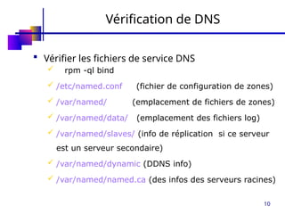 10
Vérification de DNS
 Vérifier les fichiers de service DNS
 rpm -ql bind
 /etc/named.conf (fichier de configuration de zones)
 /var/named/ (emplacement de fichiers de zones)
 /var/named/data/ (emplacement des fichiers log)
 /var/named/slaves/ (info de réplication si ce serveur
est un serveur secondaire)
 /var/named/dynamic (DDNS info)
 /var/named/named.ca (des infos des serveurs racines)
 