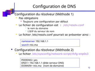 12
Configuration de DNS
 Configuration du résolveur (Méthode 1)
 Pas obligatoire
 Toujours une configuration par défaut
 Le fichier de configuration est : /etc/resolv.conf
 le nom du domaine
 L’@IP du serveur de nom
 Le fichier /etc/resolv.conf pourrait se présenter ainsi :
 Configuration du résolveur (Méthode 2)
 Le fichier /etc/sysconfig/network-script/ifcfg-enp0s3
nameserver 192.168.1.1
search ntic.ma
PEERDNS= yes
DNS1= 192.168.1.1 (@de serveur DNS)
DOMAIN= ntic.ma (nom de domaine)
 