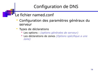 14
Configuration de DNS
 Le fichier named.conf
 Configuration des paramètres généraux du
serveur
 Types de déclarations
 Les options : (options générales de serveur)
 Les déclarations de zones (Options spécifique a une
zone)
 