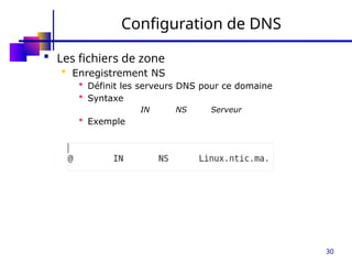 30
Configuration de DNS
 Les fichiers de zone
 Enregistrement NS
 Définit les serveurs DNS pour ce domaine
 Syntaxe
IN NS Serveur
 Exemple
 