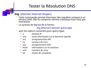 45
Tester la Résolution DNS
 Dig : (Domain Internet Groper)
 Cette commande permet d'envoyer des requêtes uniques à un
serveur DNS. Elle se comporte comme nslookup mais n'est pas
interactive
 La syntaxe de dig est de la forme :
dig [@server] domain query-type
 avec les valeurs suivantes pour query-type:
 a adresse IP
 any toute information sur le domaine spécifié
 mx enregistrements MX
 ns serveurs de nom
 soa enregistrement SOA
 hinfo informations sur la machine
 axfr transfert de zone
 txt chaîne de caractères
 