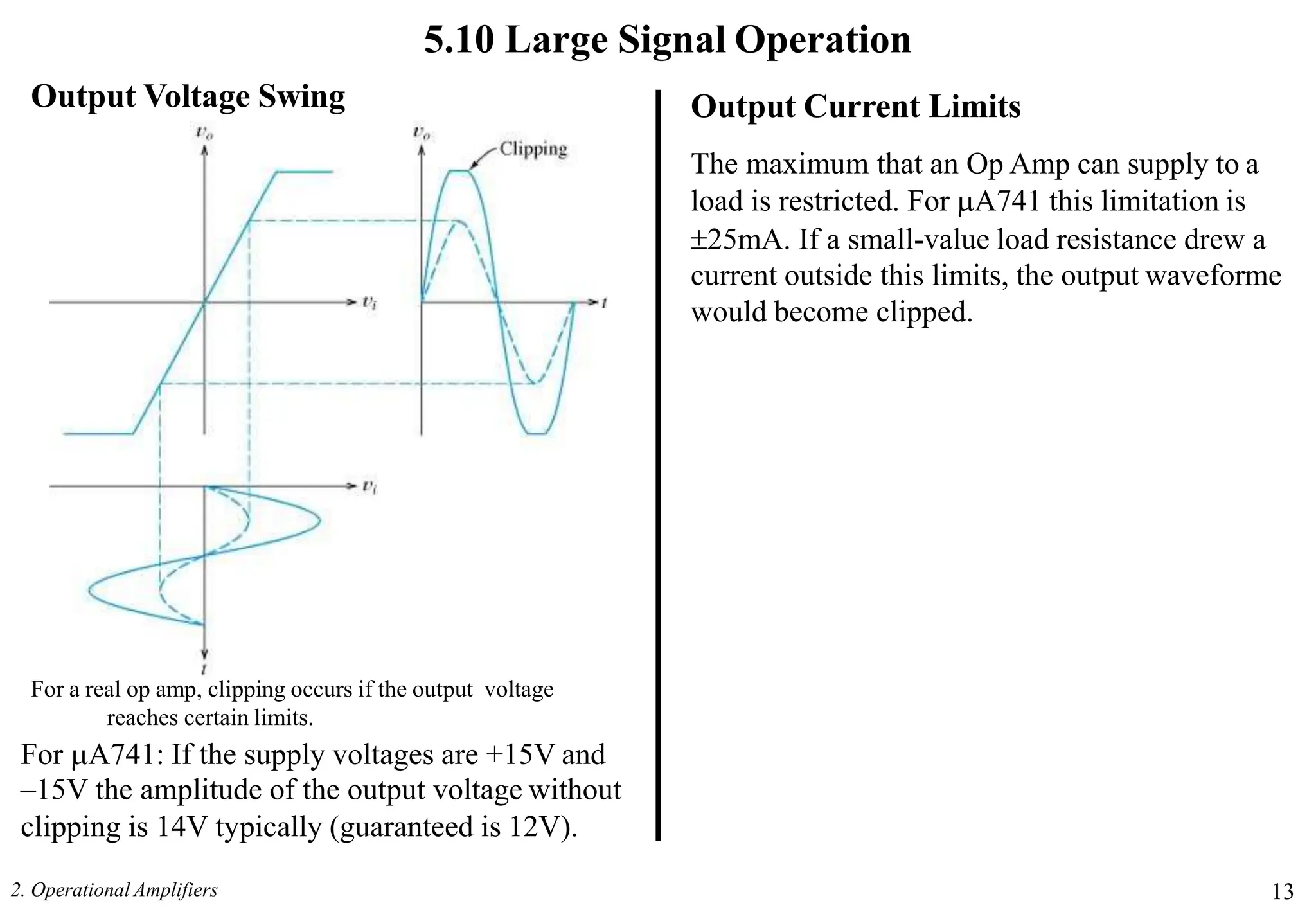5.10 Large Signal Operation
Output Voltage Swing Output Current Limits
The maximum that an Op Amp can supply to a
load is restricted. For A741 this limitation is
25mA. If a small-value load resistance drew a
current outside this limits, the output waveforme
would become clipped.
For a real op amp, clipping occurs if the output voltage
reaches certain limits.
For A741: If the supply voltages are +15V and
–15V the amplitude of the output voltage without
clipping is 14V typically (guaranteed is 12V).
2. Operational Amplifiers 13
 