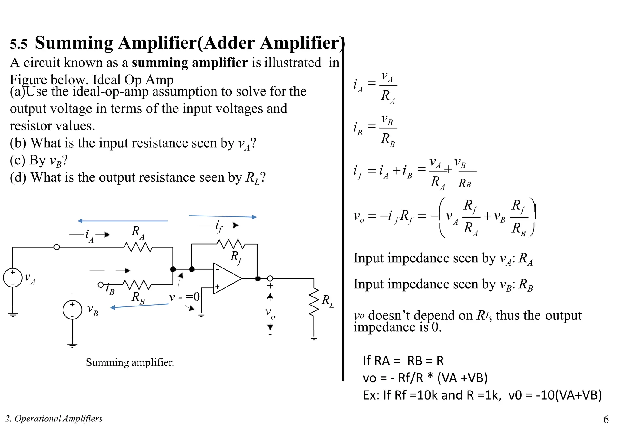 5.5 Summing Amplifier(Adder Amplifier)
A circuit known as a summing amplifier is illustrated in
Figure below. Ideal Op Amp
(a)Use the ideal-op-amp assumption to solve for the
output voltage in terms of the input voltages and
resistor values.
(b) What is the input resistance seen by vA?
(c) By vB?
(d) What is the output resistance seen by RL?


B 

vA

vB

vB

vA
A
A

R
Rf
RB
A
A B
f
i  i i
B
B
A
A
R
Rf
vo  i f Rf  v vB

R
R
i
R
i
Summing amplifier.
+
-
+
-
+
-
RA
Rf
RL
vo
+
-
vB
vA
iA
iB
if
RB v - =0
2. Operational Amplifiers 6
Input impedance seen by vA: RA
Input impedance seen by vB: RB
o L
v doesn’t depend on R , thus the output
impedance is 0.
If RA = RB = R
vo = - Rf/R * (VA +VB)
Ex: If Rf =10k and R =1k, v0 = -10(VA+VB)
 