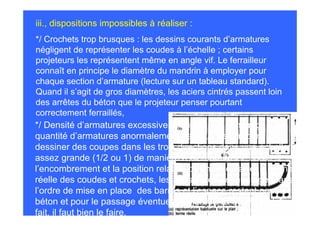 iii., dispositions impossibles à réaliser :
*/ Crochets trop brusques : les dessins courants d’armatures
négligent de représenter les coudes à l’échelle ; certains
projeteurs les représentent même en angle vif. Le ferrailleur
connaît en principe le diamètre du mandrin à employer pour
chaque section d’armature (lecture sur un tableau standard).
Quand il s’agit de gros diamètres, les aciers cintrés passent loin
des arrêtes du béton que le projeteur penser pourtant
correctement ferraillés,
*/ Densité d’armatures excessives : quand une zone reçoit une
quantité d’armatures anormalement dense, il est prudent d’en
dessiner des coupes dans les trois directions dans une échelle
assez grande (1/2 ou 1) de manière à bien maîtriser
l’encombrement et la position relative de chaque barre, la forme
réelle des coudes et crochets, les possibilités de montage dans
l’ordre de mise en place des barres et l’espace restant pour le
béton et pour le passage éventuel du vibreur. Et quand on le
fait, il faut bien le faire.
 