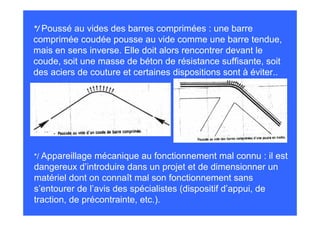 */ Poussé au vides des barres comprimées : une barre
comprimée coudée pousse au vide comme une barre tendue,
mais en sens inverse. Elle doit alors rencontrer devant le
coude, soit une masse de béton de résistance suffisante, soit
des aciers de couture et certaines dispositions sont à éviter..




*/ Appareillage mécanique au fonctionnement mal connu : il est
dangereux d’introduire dans un projet et de dimensionner un
matériel dont on connaît mal son fonctionnement sans
s’entourer de l’avis des spécialistes (dispositif d’appui, de
traction, de précontrainte, etc.).
 