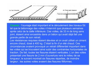Causes : l’ouvrage était important et le déroulement des travaux fût
tel que le bétonnage des voiles n’intervint que plusieurs semaines
après celui de la dalle inférieure. Ces voiles, de 33 m de long sans
joint, étaient ainsi encastrés dans un béton qui avait déjà fait une
grande partie de son retrait.
Les résistances requises étaient élevées et on avait utilisé un ciment
encore chaud, dosé à 400 kg. C’était la fin d’un été chaud. Ces
circonstances avaient provoqué un retrait différentiel important dans
les voiles qui se trouvaient ainsi subir des contraintes horizontales de
traction. De fait, toutes les fissures étaient verticales. L’un des voiles
présentait une fissure de 2 mm d’ouverture vers le milieu de sa
longueur, le suivant montrait six fissures réparties, de moindre
largeur ; les autres voiles avaient des fissures filiformes.
 