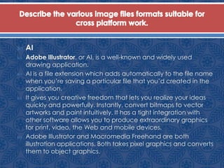 AI
 Adobe Illustrator, or AI, is a well-known and widely used
drawing application.
 AI is a file extension which adds automatically to the file name
when you’re saving a particular file that you’d created in the
application.
 It gives you creative freedom that lets you realize your ideas
quickly and powerfully. Instantly, convert bitmaps to vector
artworks and paint intuitively. It has a tight integration with
other software allows you to produce extraordinary graphics
for print, video, the Web and mobile devices.
 Adobe Illustrator and Macromedia Freehand are both
illustration applications. Both takes pixel graphics and converts
them to object graphics.
 