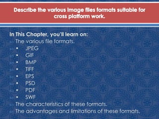 In This Chapter, you’ll learn on:
 The various file formats.
 • JPEG
 • GIF
 • BMP
 • TIFF
 • EPS
 • PSD
 • PDF
 • SWF
 The characteristics of these formats.
 The advantages and limitations of these formats.
 