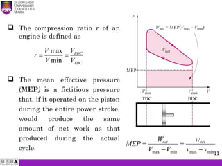  The compression ratio r of an
engine is defined as
r
V
V
V
V
BDC
TDC
= =
max
min
 The mean effective pressure
(MEP) is a fictitious pressure
that, if it operated on the piston
during the entire power stroke,
would produce the same
amount of net work as that
produced during the actual
cycle.
MEP
W
V V
w
v v
net net
=
−
=
−max min max min11
 