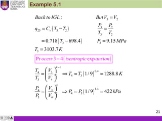 Example 5.1
( )
( )
( )
( )
( )
3 2
3 2
23 3 2
3 2
3 3
3
1
0.434
4 3
3 4
1.434
4 3
3 4
:
0.718 698.4 9.15
3103.7
1/ 9 1288.8
1/ 9 422
Pr 3 4 exp
v
k
k
ocess isentr
Back to IGL ButV V
P P
q C T T
T T
T P MPa
T K
VT
T T
opic ansi
K
T V
VP
P P kPa
P
on
V
−
=
= − =
= − =
=
 
= ⇒ = = ÷
 
 
= ⇒ = = ÷
 
−
21
 