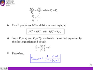 PV
T
PV
T
V V
T
T
P
P
4 4
4
1 1
1
4 1
4
1
4
1
= =
=
where
 Recall processes 1-2 and 3-4 are isentropic, so
PV PV PV PVk k k k
1 1 2 2 4 4 3 3= =and
 Since V4 = V1 and P3 = P2, we divide the second equation by
the first equation and obtain
 Therefore,
34
4 2
k
k
c
VP
r
T V
 
= = ÷
 
( ), 1
11
1
1
k
c
th Diesel k
c
r
r k r
η −
−
= −
−
30
 