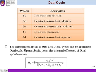  The same procedure as to Otto and Diesel cycles can be applied to
Dual cycle. Upon substitutions, the thermal efficiency of Dual
cycle becomes
( ) ( )[ ] 1
11
1
1 −
−+−
−
−= k
vcpp
k
cp
th
rrckr
rr
η
Dual Cycle
36
 