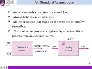  Air continuously circulates in a closed loop.
 Always behaves as an ideal gas.
 All the processes that make up the cycle are internally
reversible.
 The combustion process is replaced by a heat-addition
process from an external source.
Air-Standard Assumptions
8
 