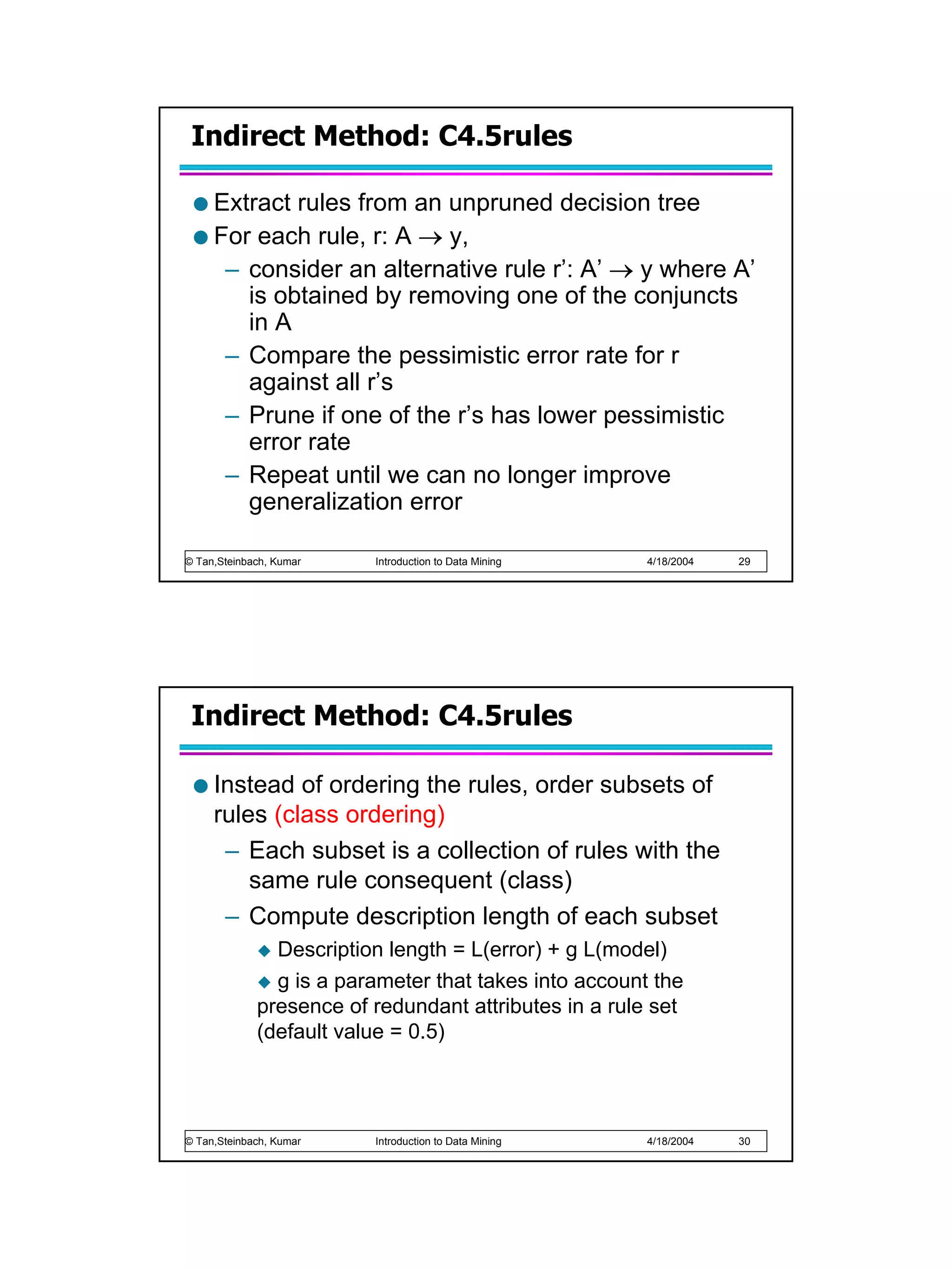 Indirect Method: C4.5rules

     Extract rules from an unpruned decision tree
     For each rule, r: A → y,
      – consider an alternative rule r’: A’ → y where A’
        is obtained by removing one of the conjuncts
        in A
      – Compare the pessimistic error rate for r
        against all r’s
      – Prune if one of the r’s has lower pessimistic
        error rate
      – Repeat until we can no longer improve
        generalization error

© Tan,Steinbach, Kumar   Introduction to Data Mining   4/18/2004   29




 Indirect Method: C4.5rules

     Instead of ordering the rules, order subsets of
     rules (class ordering)
      – Each subset is a collection of rules with the
         same rule consequent (class)
      – Compute description length of each subset
               Description length = L(error) + g L(model)
               g is a parameter that takes into account the
             presence of redundant attributes in a rule set
             (default value = 0.5)




© Tan,Steinbach, Kumar   Introduction to Data Mining   4/18/2004   30
 