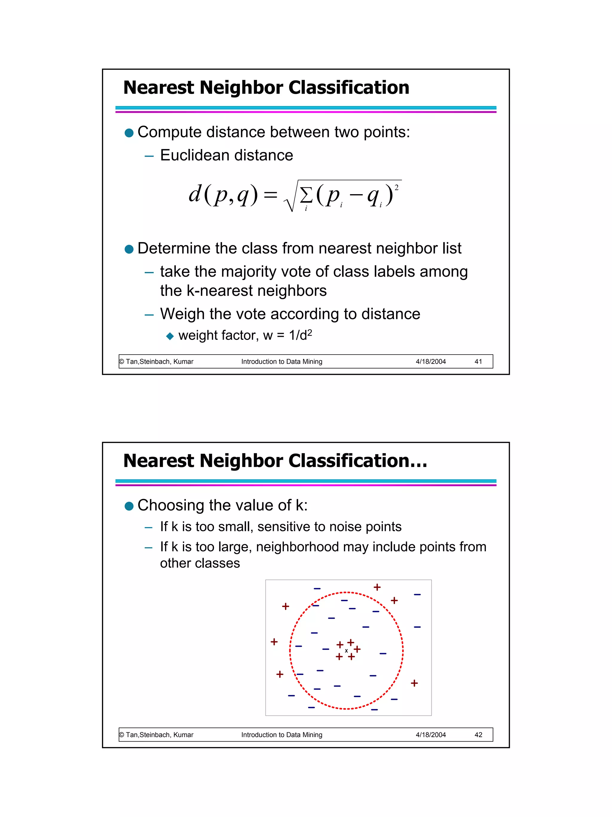 Nearest Neighbor Classification

     Compute distance between two points:
      – Euclidean distance

                    d ( p, q ) =              ∑ ( pi
                                                i
                                                             −q )
                                                               i
                                                                    2




     Determine the class from nearest neighbor list
      – take the majority vote of class labels among
        the k-nearest neighbors
      – Weigh the vote according to distance
                 weight factor, w = 1/d2
© Tan,Steinbach, Kumar     Introduction to Data Mining                  4/18/2004   41




 Nearest Neighbor Classification…

     Choosing the value of k:
       – If k is too small, sensitive to noise points
       – If k is too large, neighborhood may include points from
         other classes




                                                         X




© Tan,Steinbach, Kumar     Introduction to Data Mining                  4/18/2004   42
 