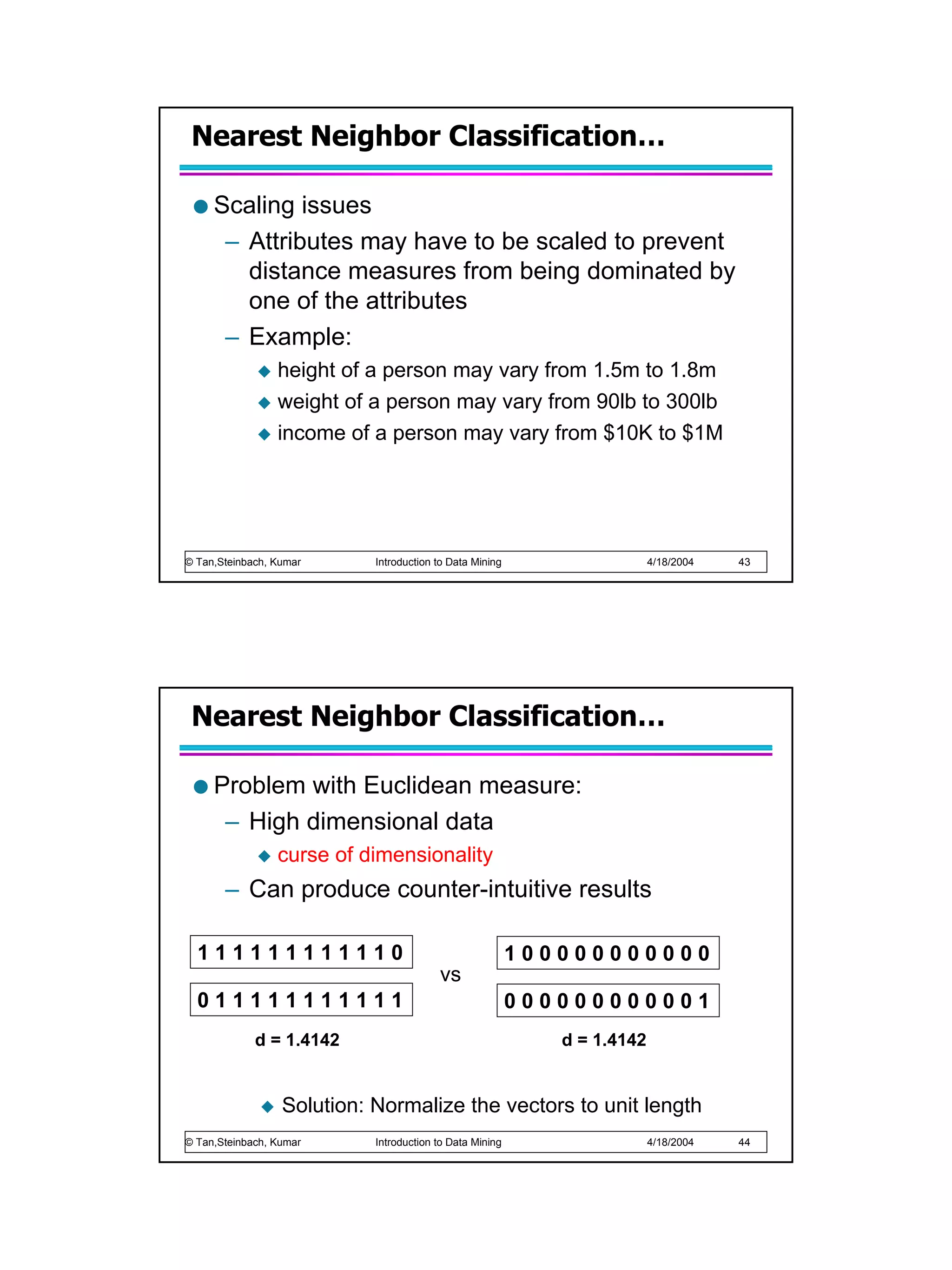 Nearest Neighbor Classification…

     Scaling issues
      – Attributes may have to be scaled to prevent
        distance measures from being dominated by
        one of the attributes
      – Example:
                 height of a person may vary from 1.5m to 1.8m
                 weight of a person may vary from 90lb to 300lb
                 income of a person may vary from $10K to $1M




© Tan,Steinbach, Kumar      Introduction to Data Mining                   4/18/2004   43




 Nearest Neighbor Classification…

     Problem with Euclidean measure:
      – High dimensional data
                 curse of dimensionality
       – Can produce counter-intuitive results

  111111111110                                            100000000000
                                         vs
  011111111111                                            000000000001
             d = 1.4142                                      d = 1.4142


                  Solution: Normalize the vectors to unit length
© Tan,Steinbach, Kumar      Introduction to Data Mining                   4/18/2004   44
 