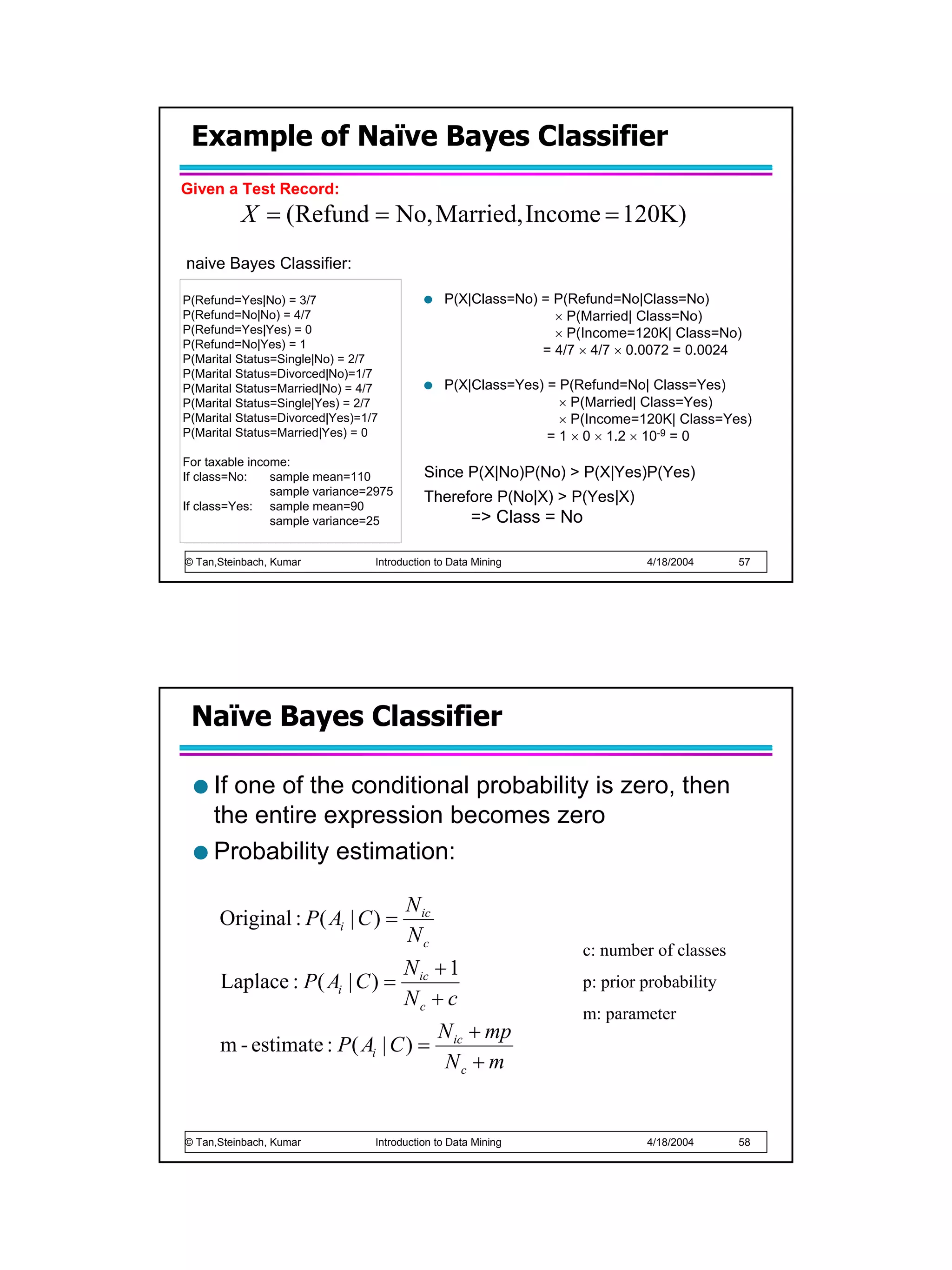 Example of Naïve Bayes Classifier
Given a Test Record:
          X = (Refund = No, Married, Income = 120K)
naive Bayes Classifier:

P(Refund=Yes|No) = 3/7                         P(X|Class=No) = P(Refund=No|Class=No)
P(Refund=No|No) = 4/7                                          × P(Married| Class=No)
P(Refund=Yes|Yes) = 0                                          × P(Income=120K| Class=No)
P(Refund=No|Yes) = 1
                                                             = 4/7 × 4/7 × 0.0072 = 0.0024
P(Marital Status=Single|No) = 2/7
P(Marital Status=Divorced|No)=1/7
P(Marital Status=Married|No) = 4/7             P(X|Class=Yes) = P(Refund=No| Class=Yes)
P(Marital Status=Single|Yes) = 2/7                              × P(Married| Class=Yes)
P(Marital Status=Divorced|Yes)=1/7                              × P(Income=120K| Class=Yes)
P(Marital Status=Married|Yes) = 0                             = 1 × 0 × 1.2 × 10-9 = 0
For taxable income:
If class=No:    sample mean=110            Since P(X|No)P(No) > P(X|Yes)P(Yes)
                sample variance=2975
                                           Therefore P(No|X) > P(Yes|X)
If class=Yes: sample mean=90
                sample variance=25                   => Class = No

© Tan,Steinbach, Kumar           Introduction to Data Mining                4/18/2004     57




 Naïve Bayes Classifier

     If one of the conditional probability is zero, then
     the entire expression becomes zero
     Probability estimation:

                                       N ic
      Original : P ( Ai | C ) =
                                       Nc
                                                                   c: number of classes
                             N +1
      Laplace : P( Ai | C ) = ic                                   p: prior probability
                             Nc + c
                                                                   m: parameter
                                  N + mp
      m - estimate : P( Ai | C ) = ic
                                   Nc + m


© Tan,Steinbach, Kumar           Introduction to Data Mining                4/18/2004     58
 
